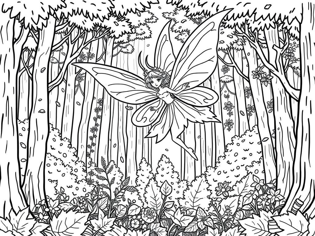 Fairy princess with big wings and horns flying through a magical Forrest - Free Printable Coloring Page