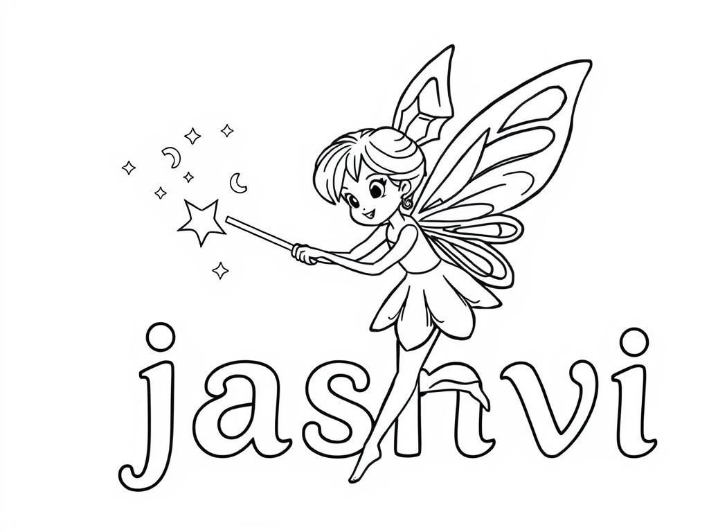 Fairy wielding a magic wand and letters "jashvi" coming out from it