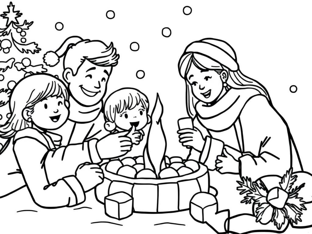 Family Roasting Chestnuts Christmas Coloring Page