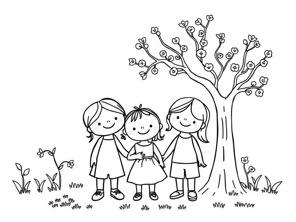 Girls Under a Tree Coloring Page