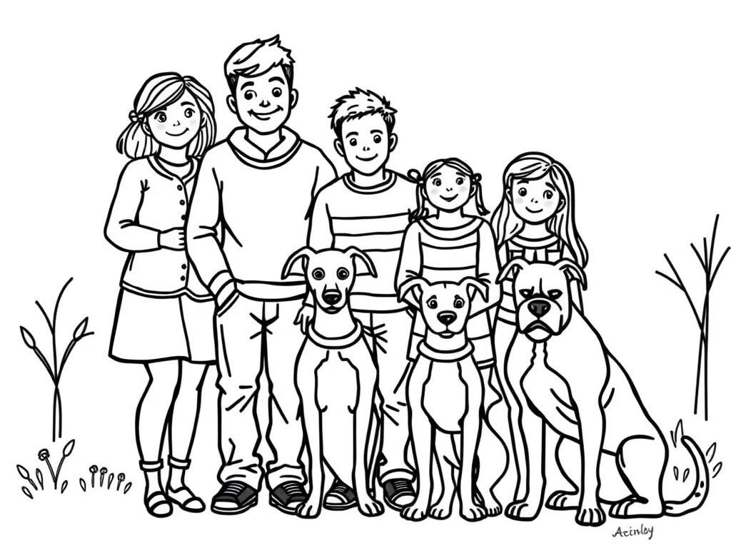 Family and Dogs Coloring Page