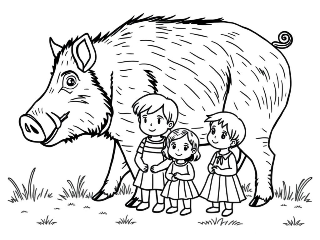 Preview of family with a son of 6 years, girl of 4 years, a baby and a tall father and huge boar