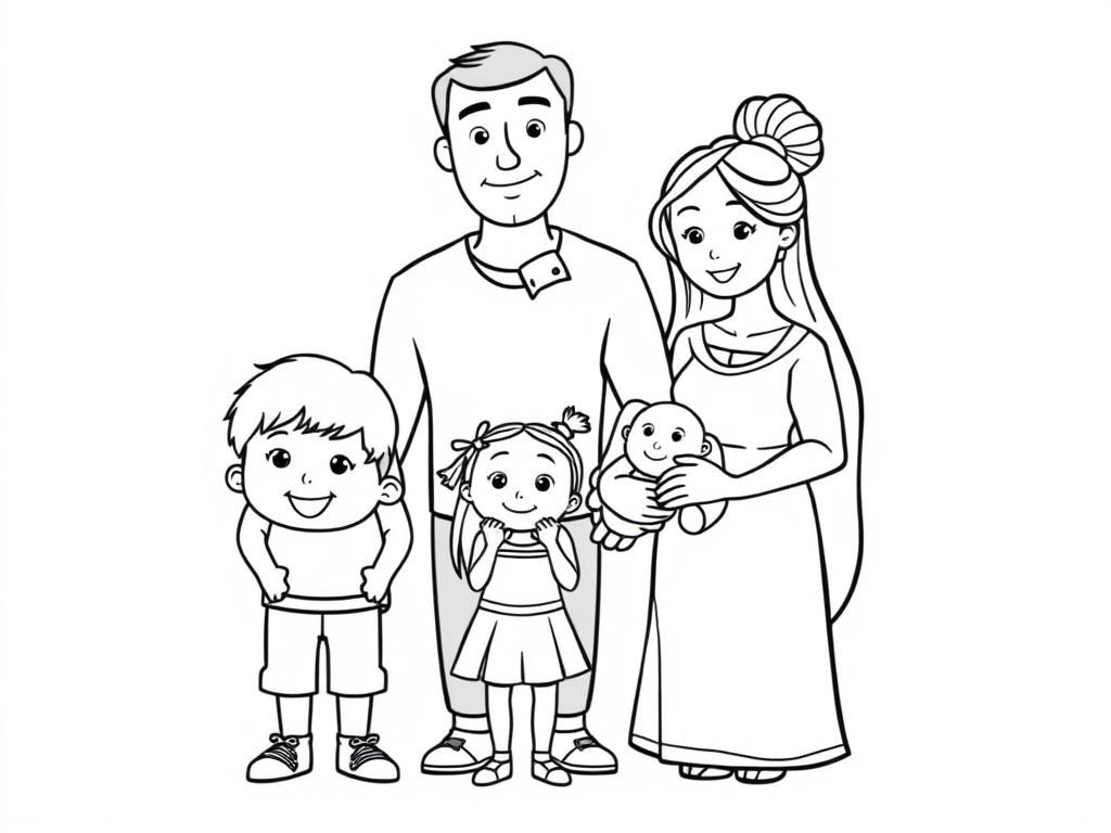 Preview of family with a son of 6 years, girl of 4 years, a baby and a tall father and mother with her hair in a bun