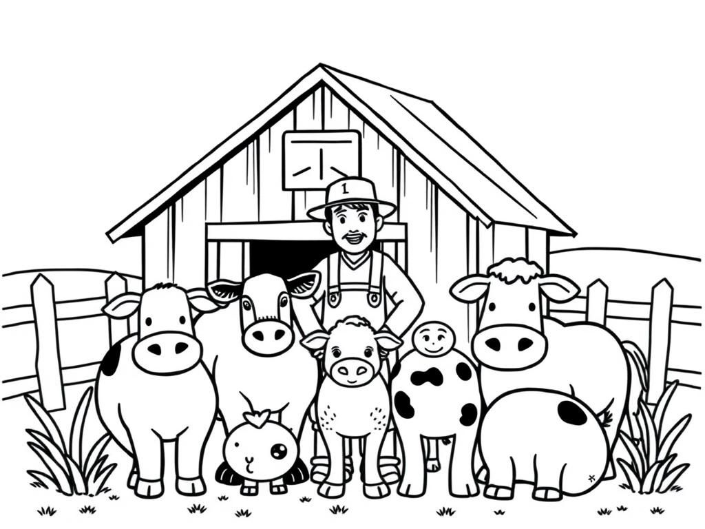 Preview of Farm animals in front of a farm with a farmer