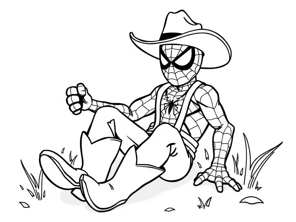 farmer spiderman wearing cowboy boots and a cowboy hat - Free Printable Coloring Page