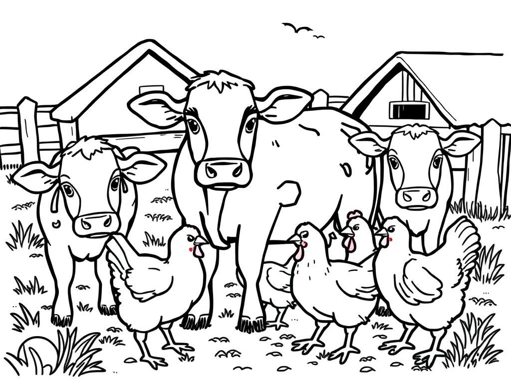 Farmyard with cows and chickens