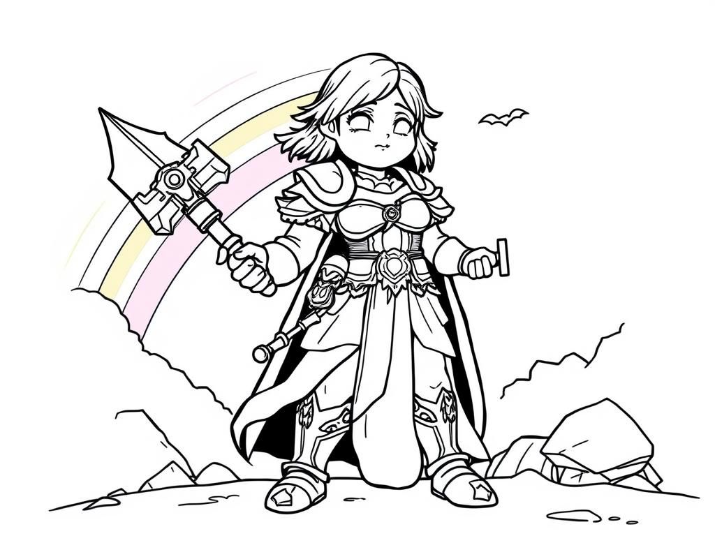 fat body short hair warhammer sister of battle  with a rainbow in the sky - Free Printable Coloring Page