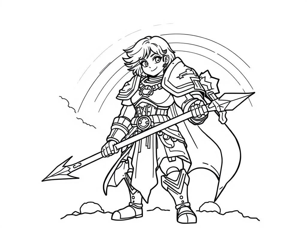 fat short hair warhammer sister of battle  with a rainbow in the sky - Free Printable Coloring Page
