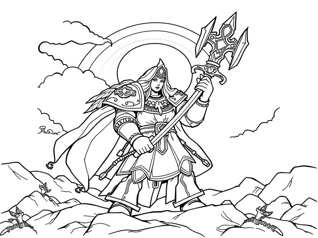 fat  warhammer sister of battle  with a rainbow in the sky and sun - Free Printable Coloring Page