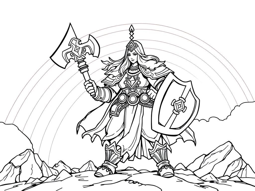 fat warhammer sister of battle  with a rainbow in the sky - Free Printable Coloring Page