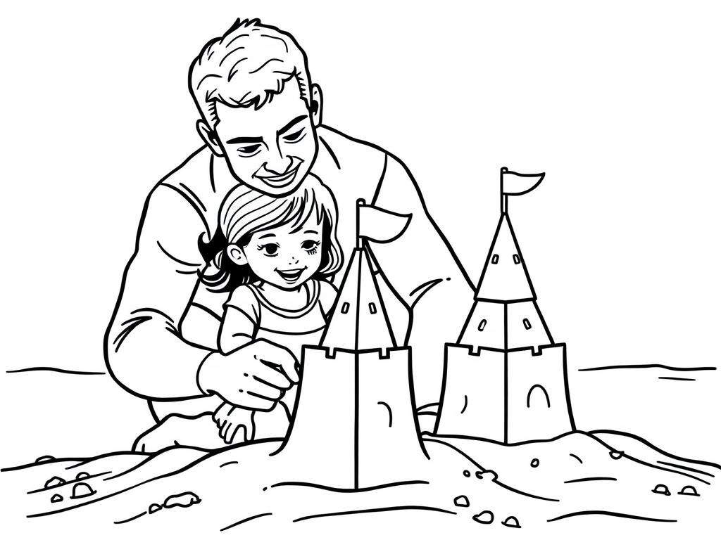 Father and daugther building sandcastle together wth beautiful smile and warm