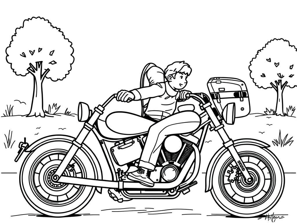 Father and son are riding harley davidson from school