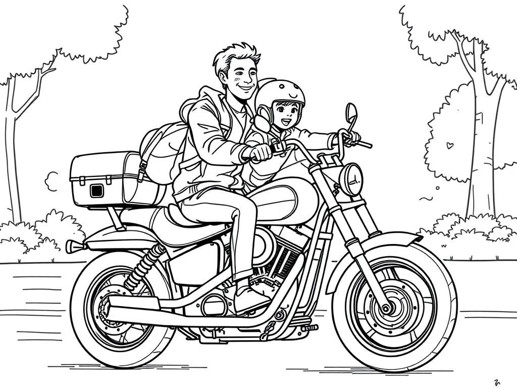 father and son is riding harlet davidson from school.