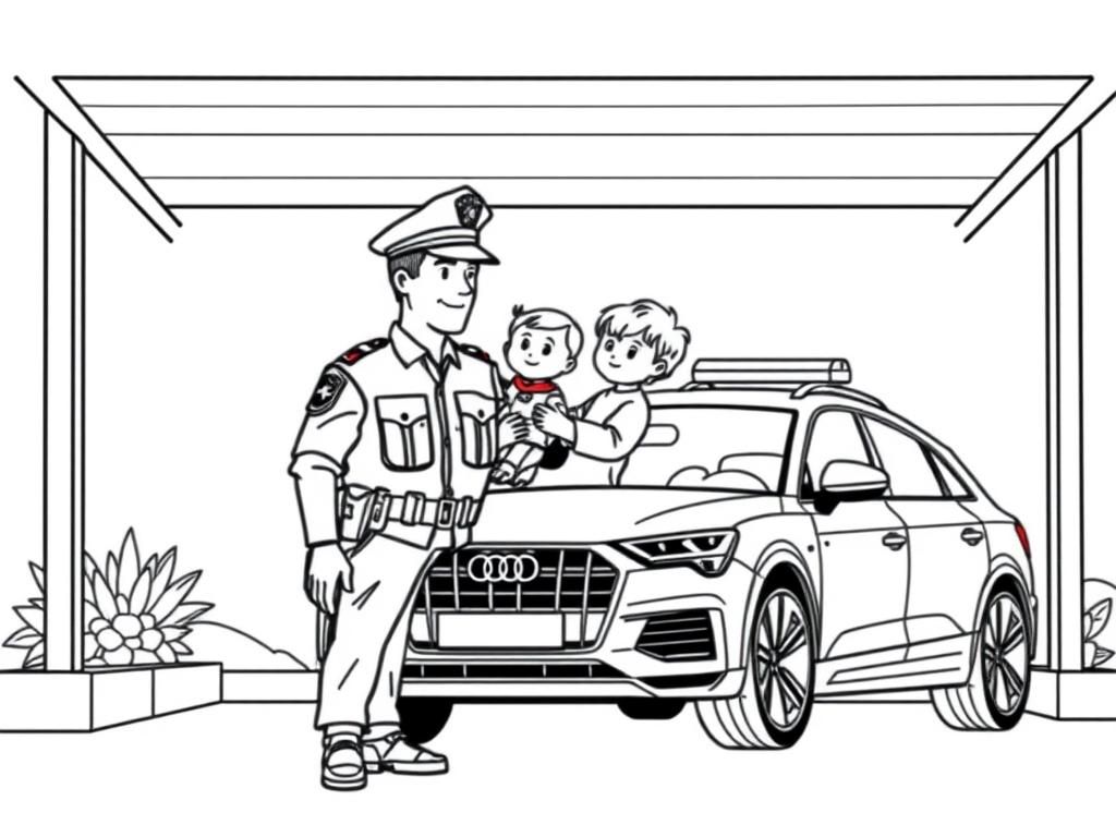 Police Officer with Kids Coloring Page