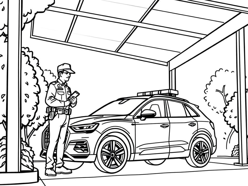 Police Officer and Car Coloring Page