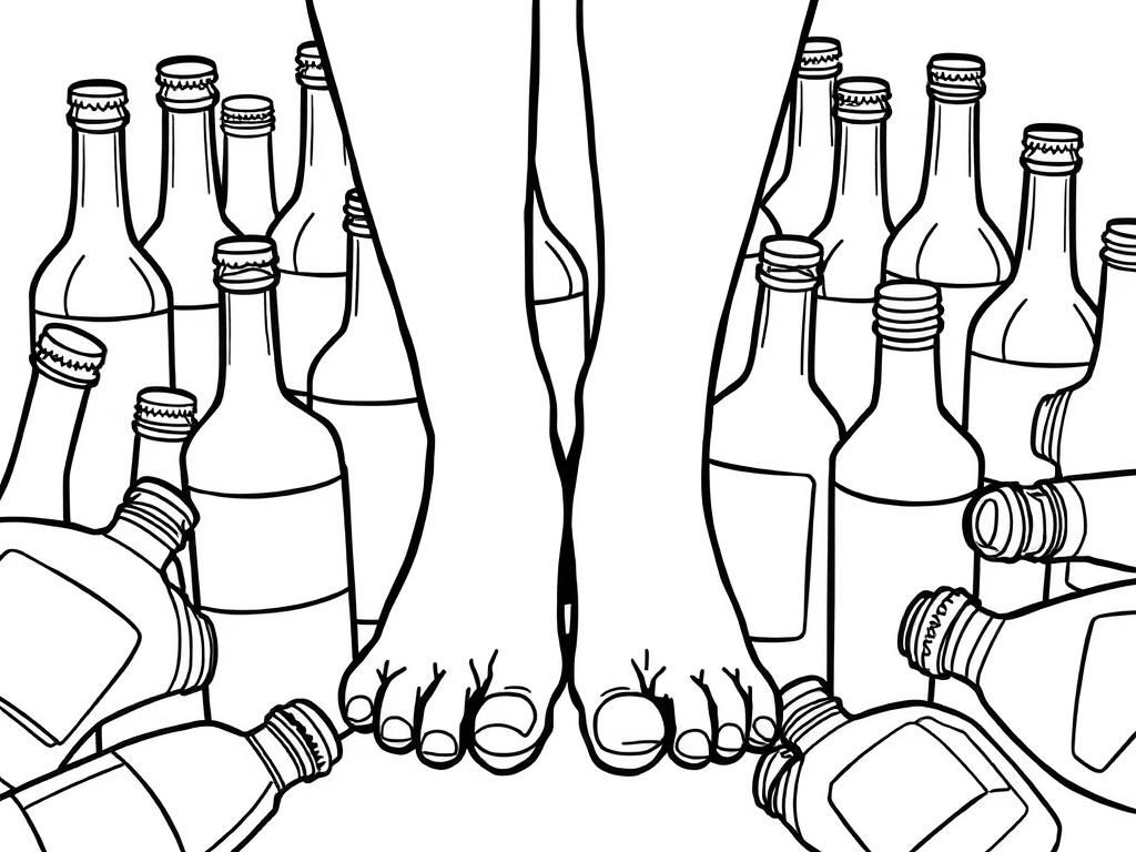 feet surrounded by bottles