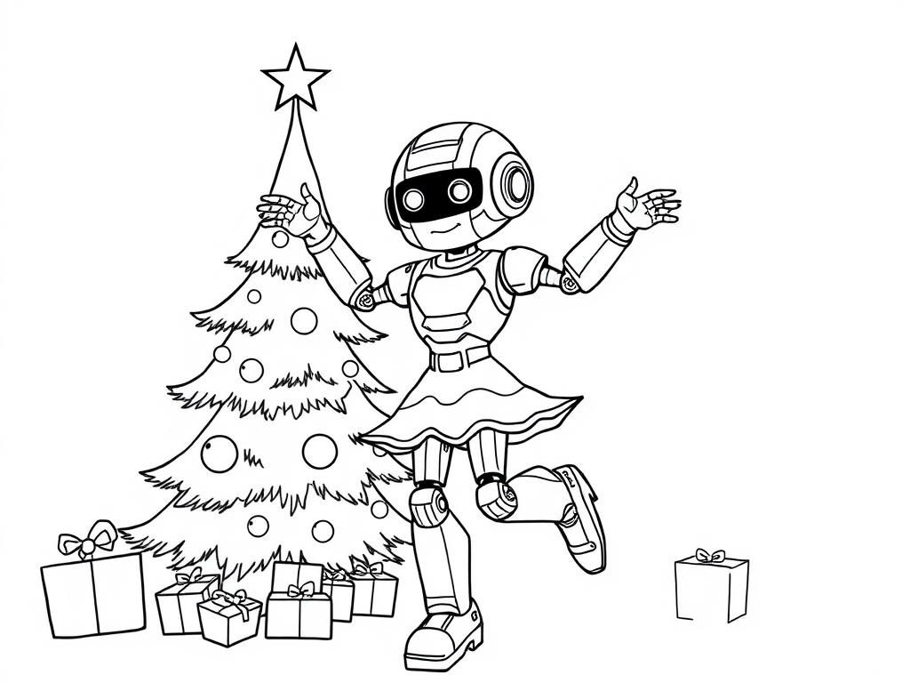 Preview of Female girl robot dancing around a Christmas tree