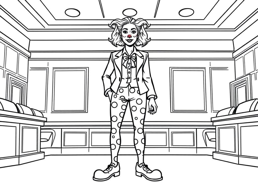 female lawyer wearing clown shoes in a courtroom scene