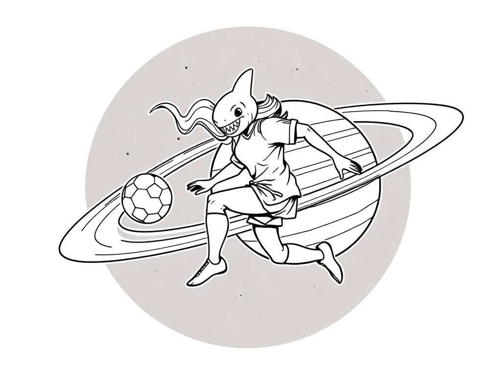 Female Soccer player with a shark head dribbling a ball on a ring of Saturn