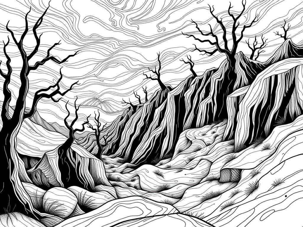 fever dream twisted landscape - Free Printable Coloring Page