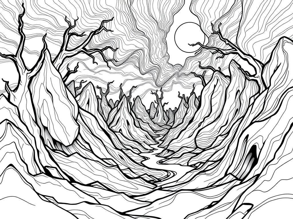 fever dream twisted landscape - Free Printable Coloring Page