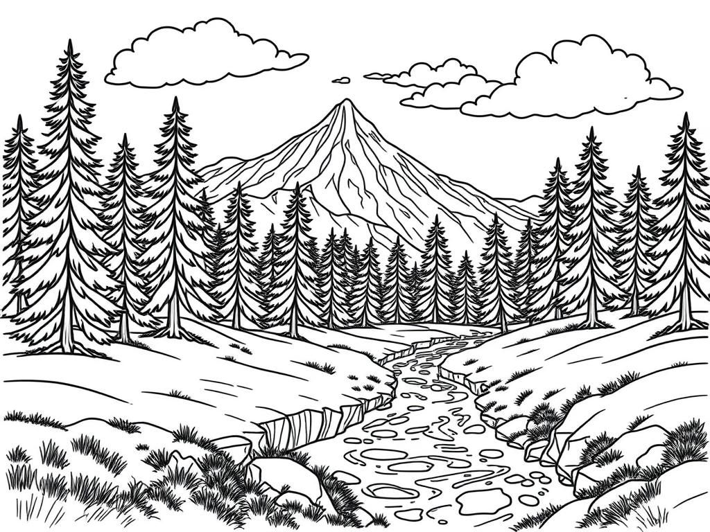 Preview of finely detailed mountain landscape with pine trees and a stream with thin lines with clouds in the sky