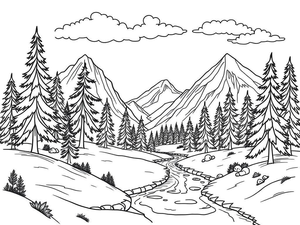 Preview of finely detailed mountain landscape with pine trees and a stream with thin lines with clouds in the sky in color