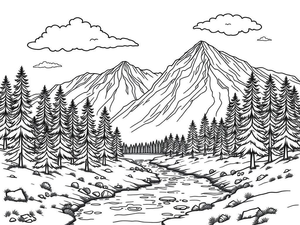 Preview of finely detailed mountain landscape with pine trees and a stream with thin lines with clouds in the sky in color in the style of dick cheney