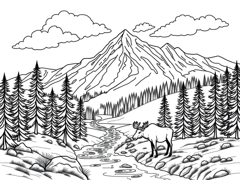 Preview of finely detailed mountain landscape with pine trees and moose and a stream in the style of an oil painting finely detailed with clouds in the sky