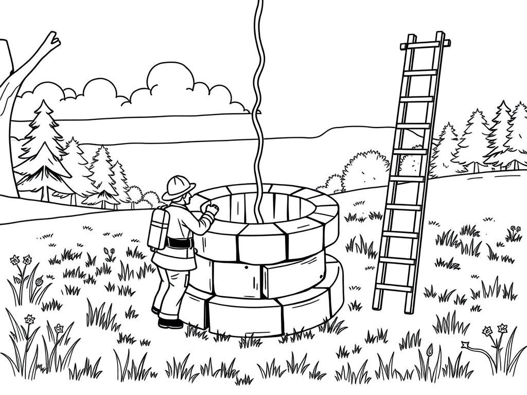 Preview of Fireman with ladders looking down a very deep well in the middle of a meadow