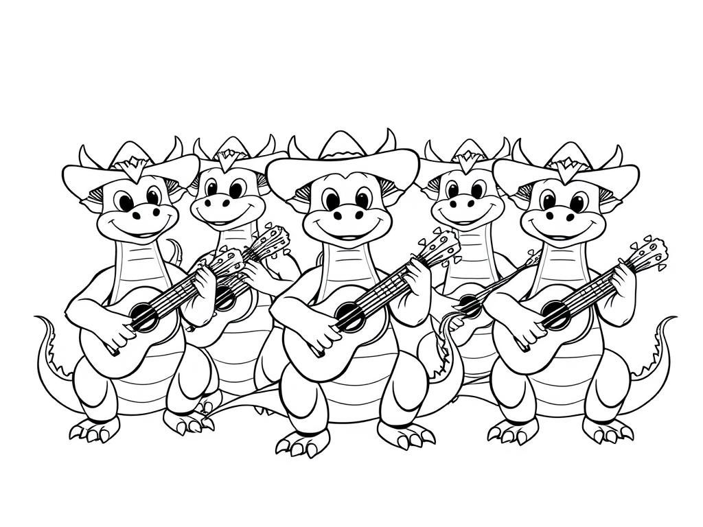 Cartoon Dinosaurs Playing Guitars Coloring Page