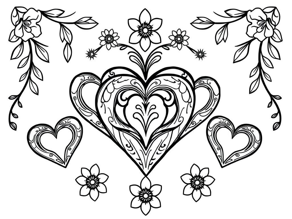 Heart and Flowers Coloring Page