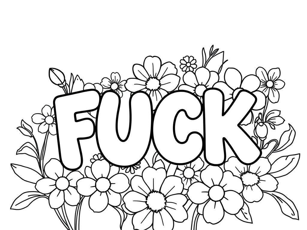 Preview of Floral coloring page with curly letters saying FUCK