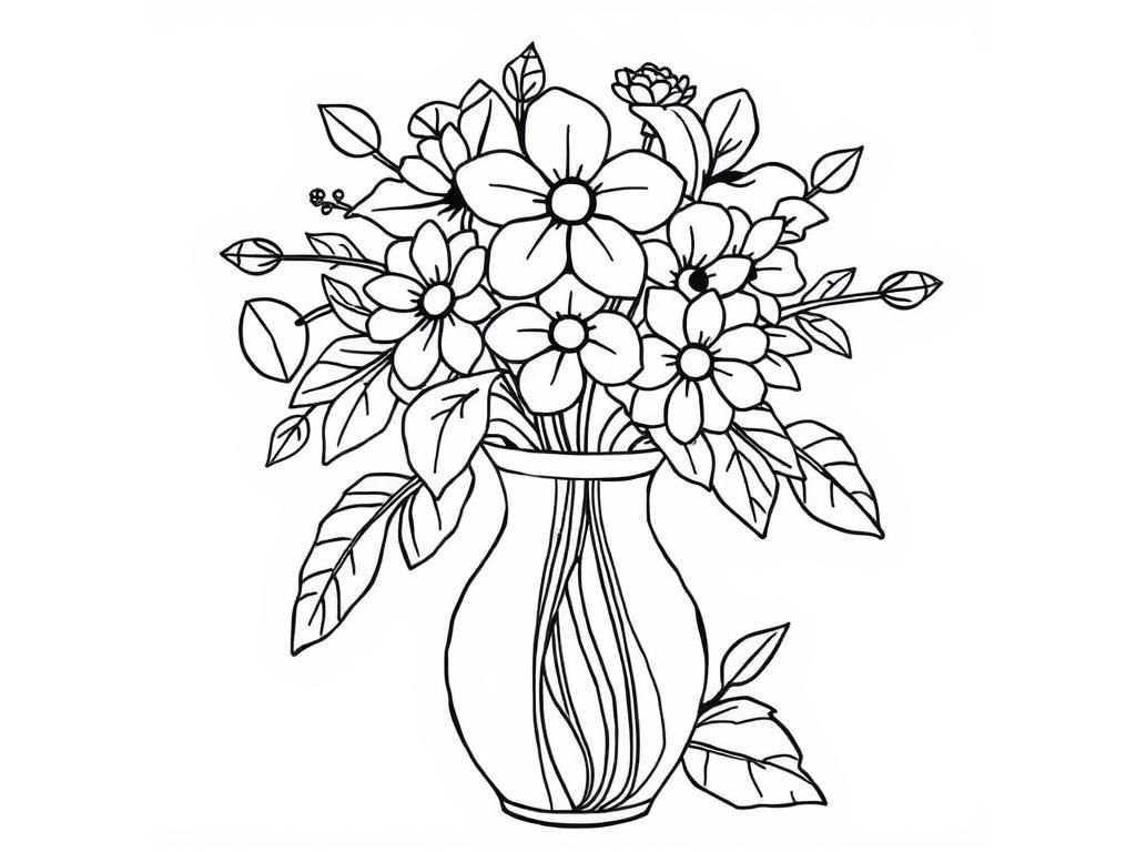 Coloring Page of Flowers and Leaves