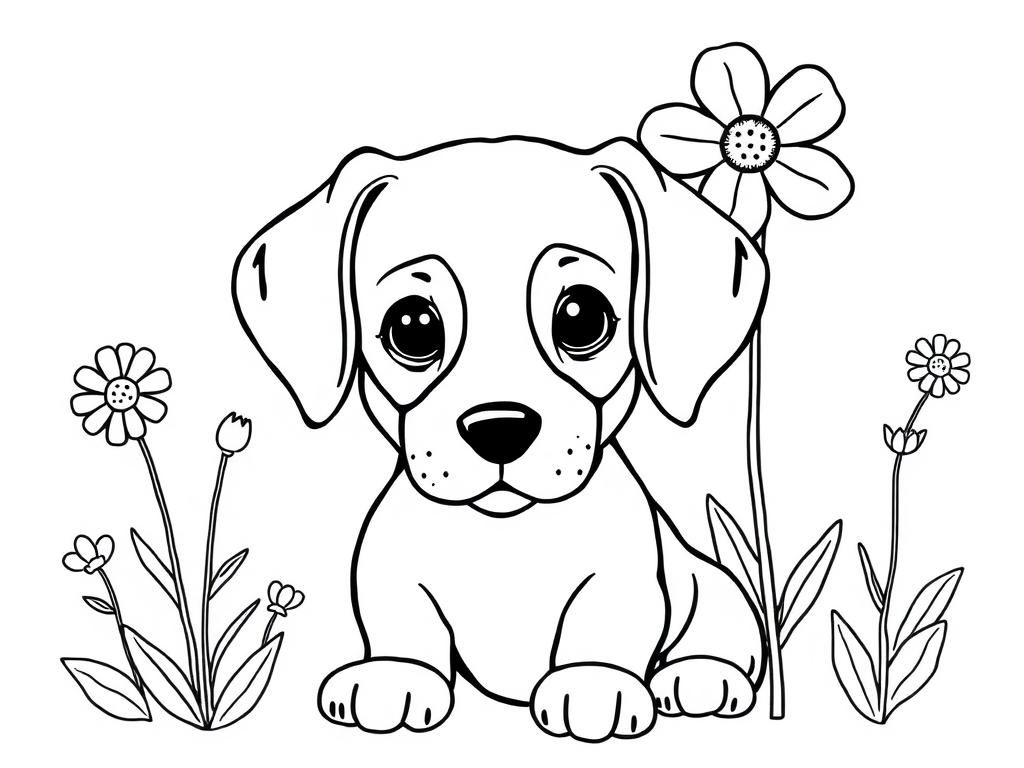 Coloring Page: Puppy with Flowers