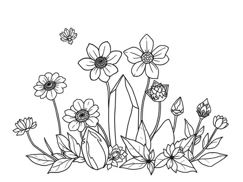 Flowers and crystals and plants - Free Printable Coloring Page