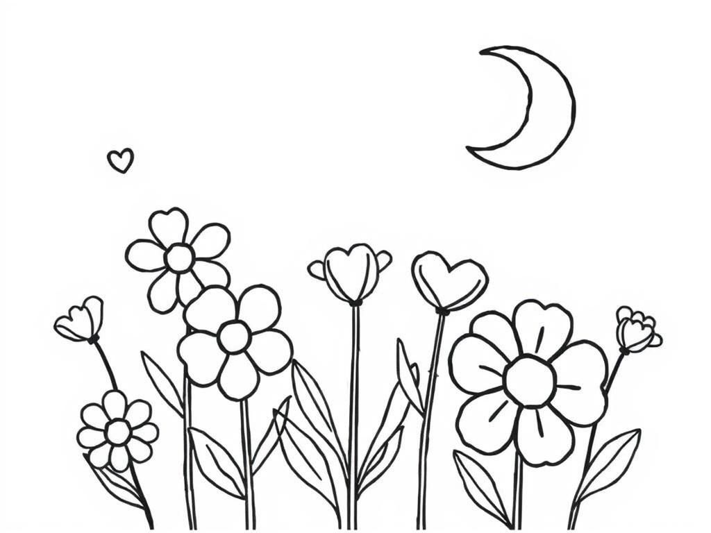 Coloring Page of Whimsical Flowers Under the Moon