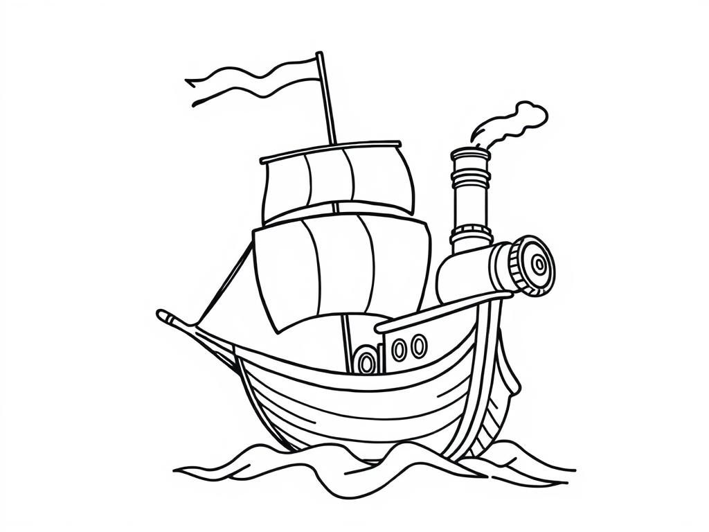 flying ship with flags and a steam machine