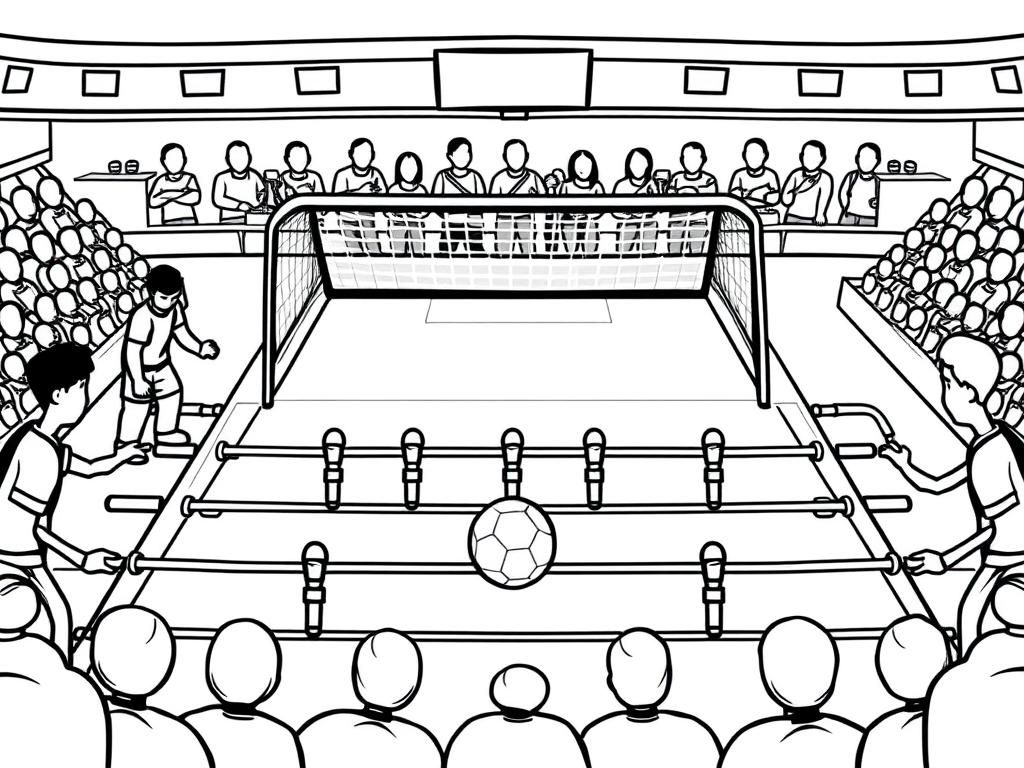 Foosball game with a goal and a ball and a referee and spectators