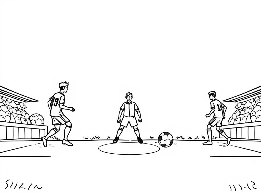 Football pitch with players and a ball and a referee