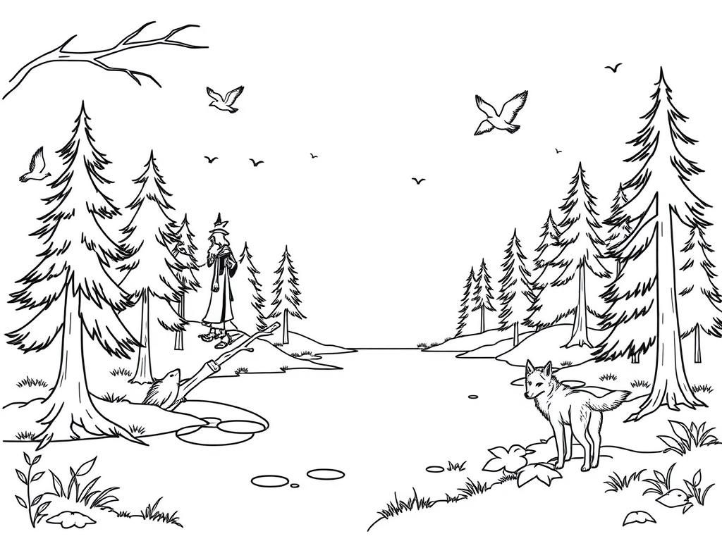 Preview of Forest, lake, birds, witch, wolfs