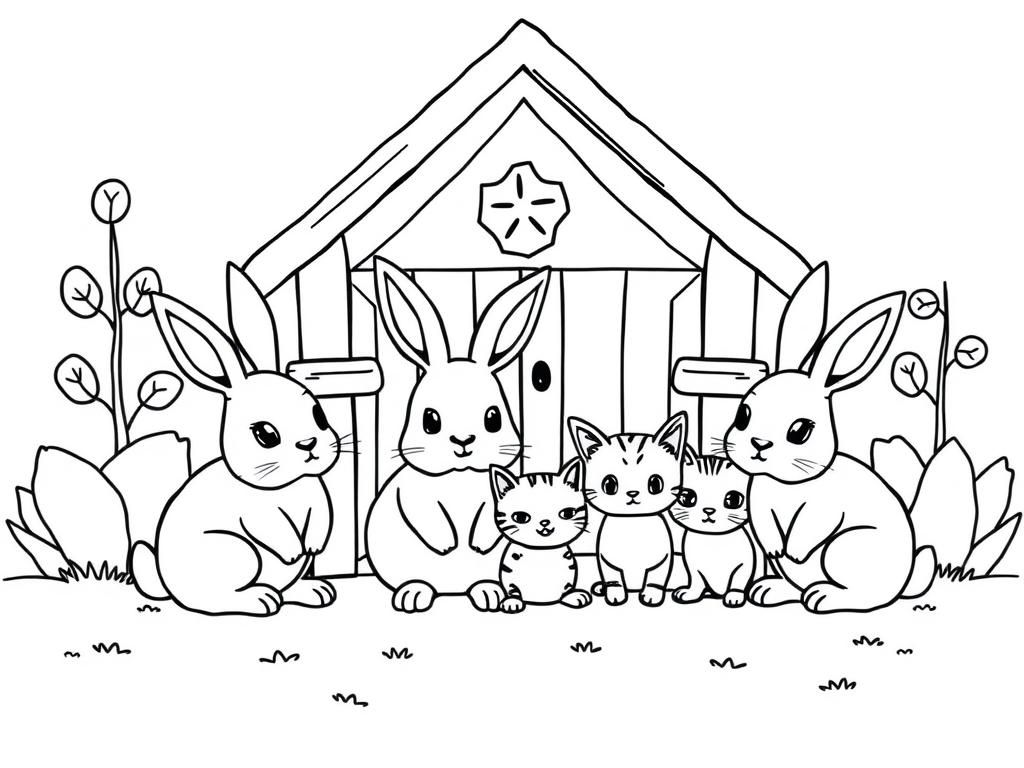 Rabbits and Kittens Friends Coloring Page