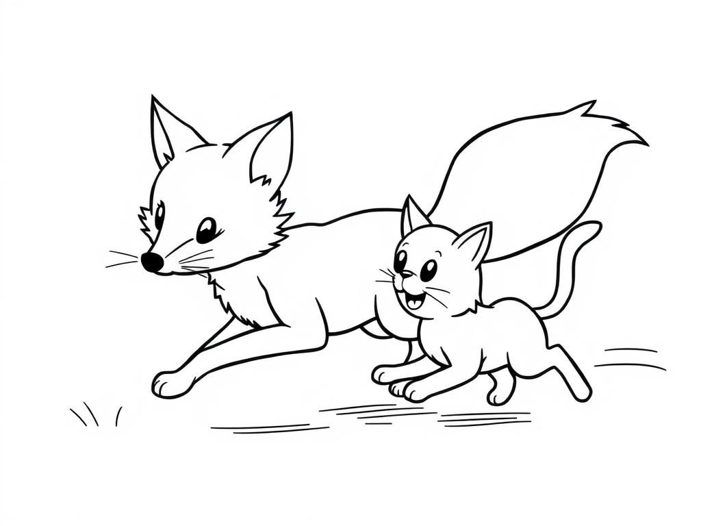 fox chasing a cat - Free Printable Coloring Page