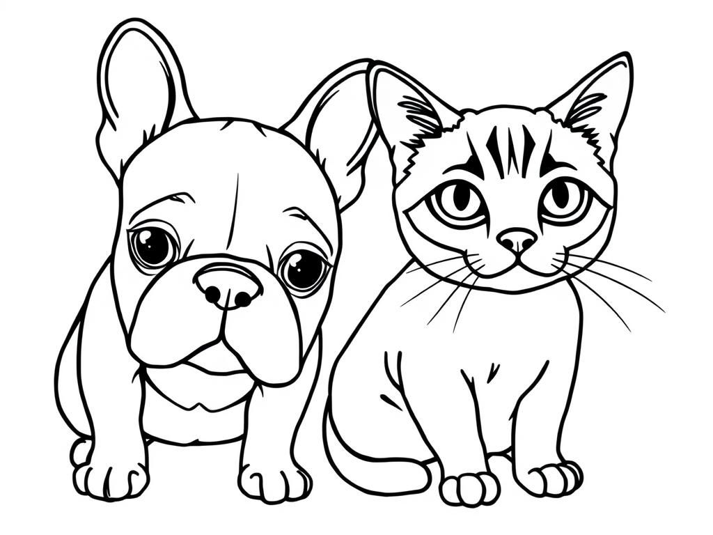 French Bulldog and Kitten Coloring Page