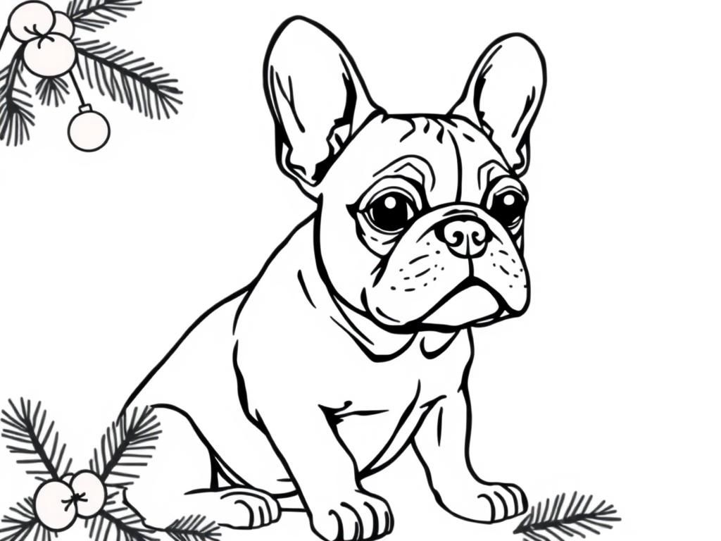 French bulldog in by Christmas tree - Free Printable Coloring Page