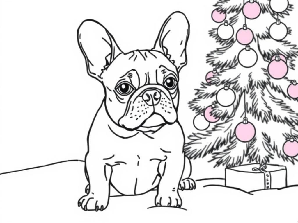 French bulldog in Christmas by Christmas tree - Free Printable Coloring Page