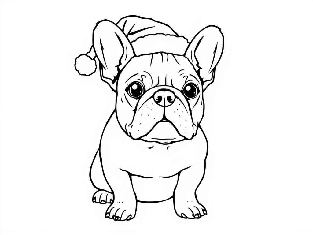 French bulldog in Christmas hat - Free Printable Coloring Page