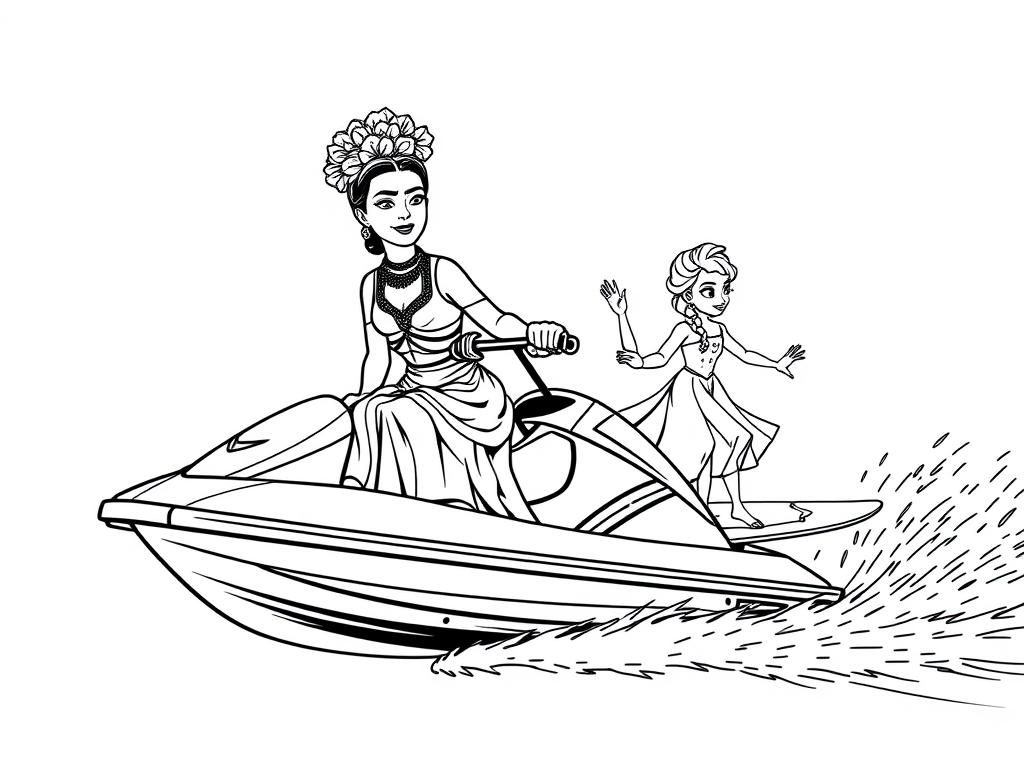 Preview of Frida Kahlo on a jetski towing Elsa on wakeboard