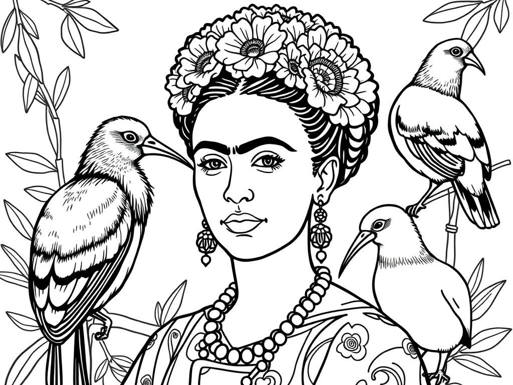 Preview of frida kahlo with kiwi birds and koreru in background