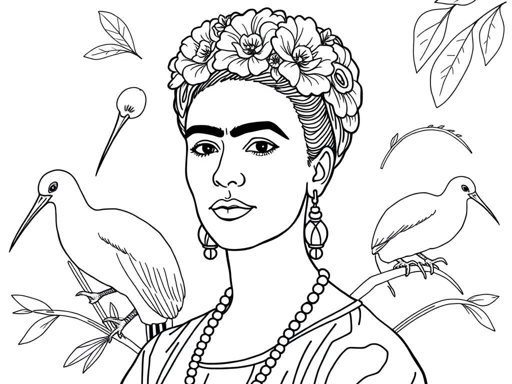 Preview of frida kahlo with kiwi birds in background